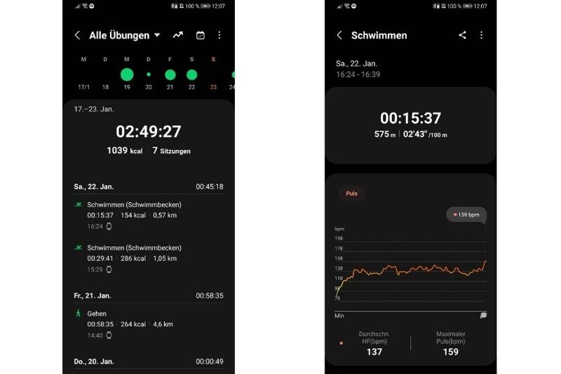 Man sieht das aufgezeichnete Training in der Samsung Health App.